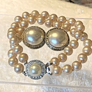 Vintage Marvella Faux Pearl Bracelet & Clip-On Earrings Set Silver Tone Coquette